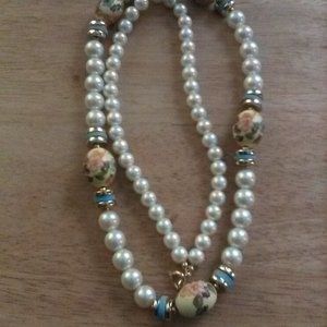 Vtg Long Faux Pearl Strand w/ Floral Painted Beads